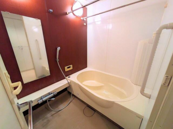 ゆったりとしたバスタブと、アクセントパネルが温かみある浴室。