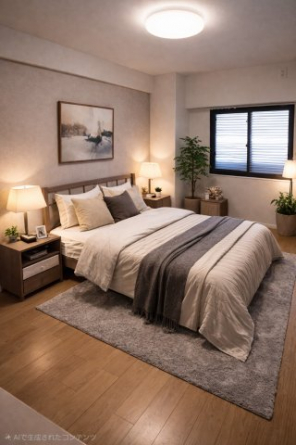 洋室約8帖♪ウォークインクローゼット完備♪
※こちらの画像はAIホームステージングで加工しています。