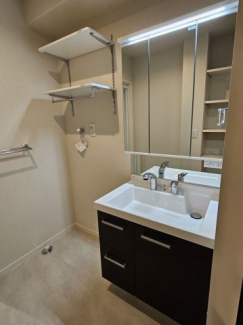 三面鏡シャワー付き洗面台♪室内洗濯機置き場の上には棚もあって便利