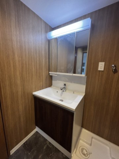 三面鏡付きの洗面化粧台。朝の支度もスムーズにできる広さと、生活感を抑えたスタイリッシュなデザインが魅力。