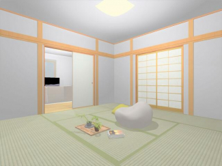 【家具配置イメージ】１階和室８帖　リビング横の和室は客間やキ