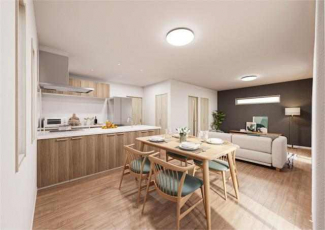 ダークカラーのアクセントクロスが空間を引き締める、２０帖のＬ