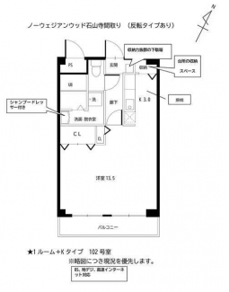間取略図　広々とした洋室に３帖のキッチン