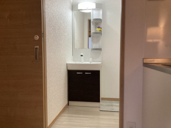 独立洗面台、小物を置くことができて便利です