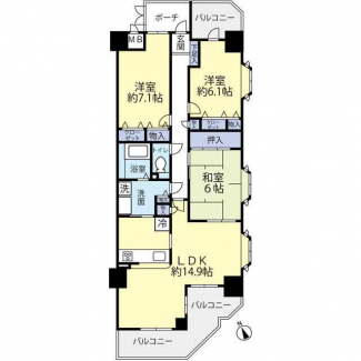 角住戸　窓　サービスバルコニー