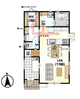 １階間取り図です。１５帖ＬＤＫが広々とした空間です。