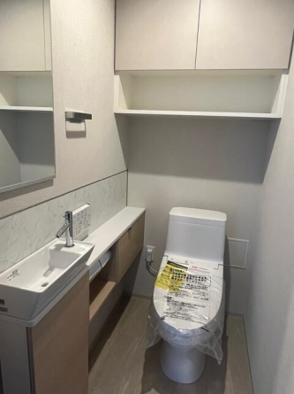 落ち着いた色調でまとめた上質なトイレスペース。手洗いカウンタ