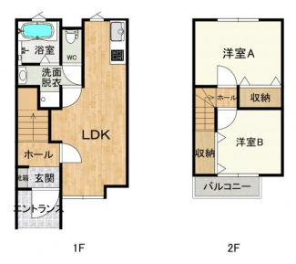 メゾネットタイプ間取り2LDK。LDK10.6畳・北洋間6.7畳・南洋間6畳