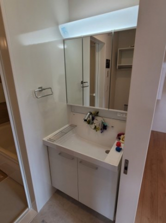 三面鏡のすっきりとした洗面台。もちろんシャワー付きです。