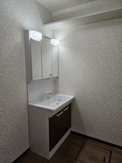 三面鏡シャワー付き洗面台です。上に棚もあるので便利