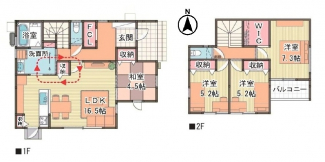 お出かけに便利な玄関ホールＦＣＬと主寝室のＷＩＣを備えた4LDKの間取りです。