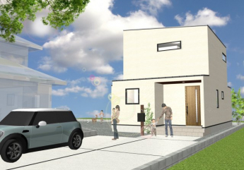 白い外壁にブラックサッシのスタイリッシュな外観