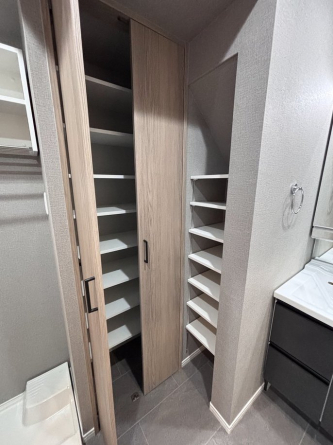 洗面横も収納があり、タオル等も収納可能です。