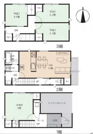 家事動線を意識した4LDKプラン。
キッチン、洗面、浴室を直線配置し、時短家事を実現。
リビング横には畳コーナーを設け、お子様の遊び場や昼寝スペースに最適。
各居室収納＋CL付きで収納力も充実。