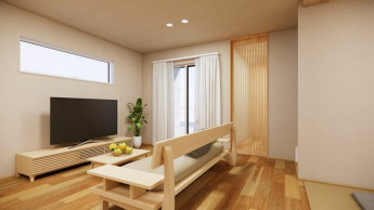 内装は、無垢の木の風合いのフローリングに塗り壁調の壁紙で和モ