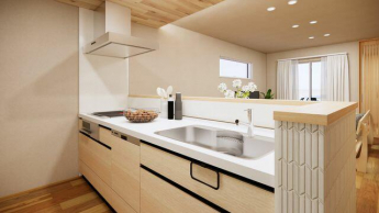 キッチンの腰壁にタイルを使用し、壁紙では表現できない素材感を