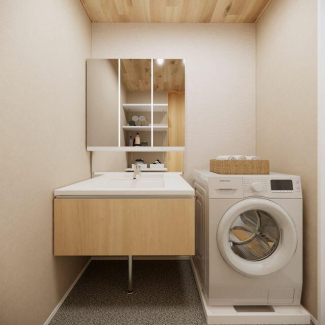 フロートタイプの洗面化粧台の反対側には収納棚あり！洗剤やタオ