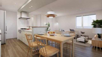 【A号地】キッチンとダイニングを横並びにすることで、配膳＆片