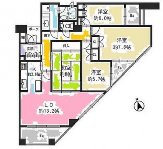 ９６㎡の４ＬＤＫ　東南の角部屋　ＬＤから外を眺めれば春には桜