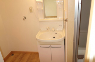 洗面所と洗濯機置き場　シャワー付き洗面台完備