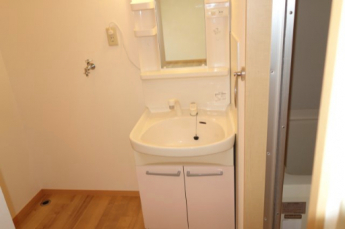 洗面所と洗濯機置き場　シャワー付き洗面台完備