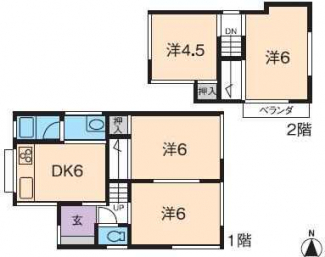 間取り図　４ＤＫ　ＤＫ６　洋間６Ｘ３　洋４．５