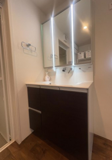 独立洗面台、小物を置くことができて便利です