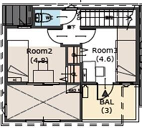 ３Ｆは約３帖の広さ、奥行約１．８ｍのバルコニー。