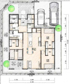 建物プラン例（平屋建）　建物価格　２７５０万円、建物面積　８