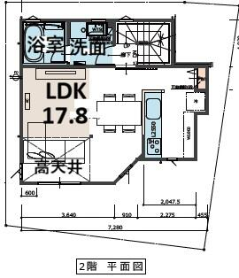 ３号地２階平面図キッチンにはパントリー、洗面室もリネン庫を設