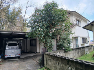 玄関への通路から　右植右植樹の向こうが玄関　左ルーフ付駐車場