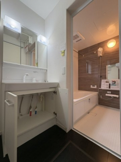 三面鏡に収納もたっぷりの洗面台です