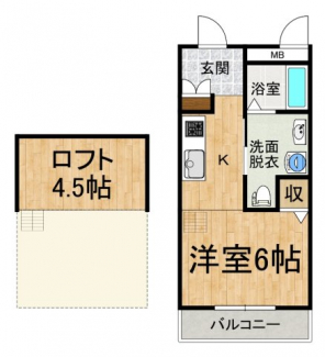 1K（23㎡）洋間6帖、ロフト4.5帖